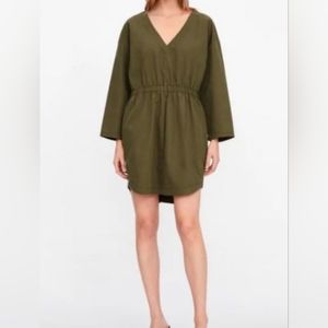 Zara Khaki Green V-Neck Tunic Dress 3/4 Sleeve with pockets Size XS